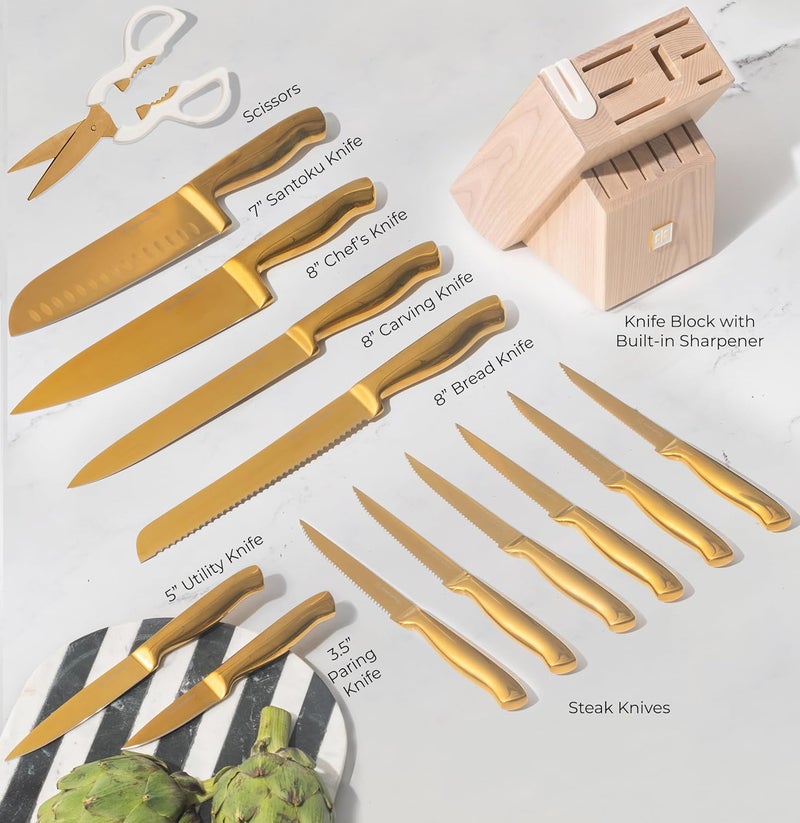 styled settings Gold Knife Set for Kitchen with Block and Sharpener – 14-Piece Razor Sharp Titanium Gold Knives with Ashwood Block and Built-In Sharpener – Stylish Kitchen Accessories for Cooking and Prep - Image 3